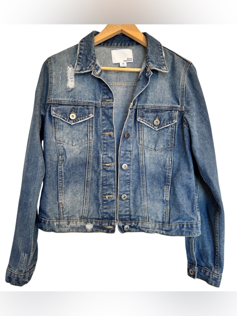 Mia & Madison waist-length Distressed Denim Jacket Medium